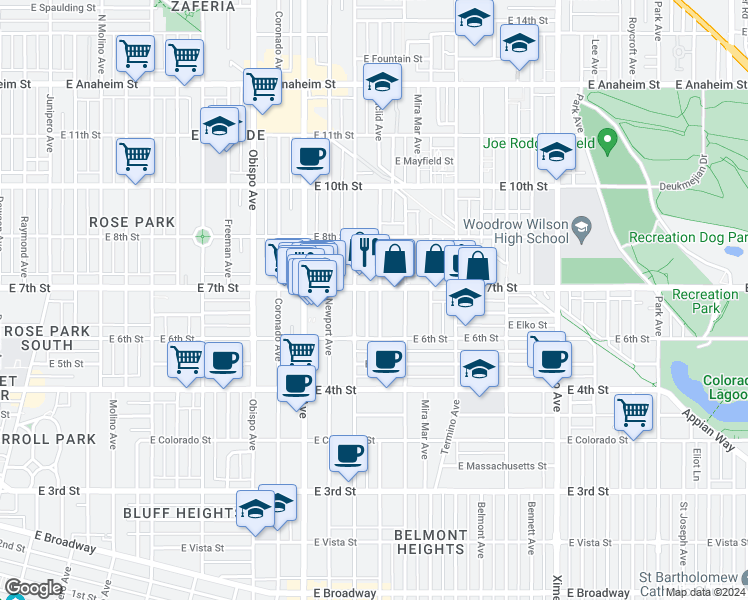 map of restaurants, bars, coffee shops, grocery stores, and more near 675 Euclid Avenue in Long Beach