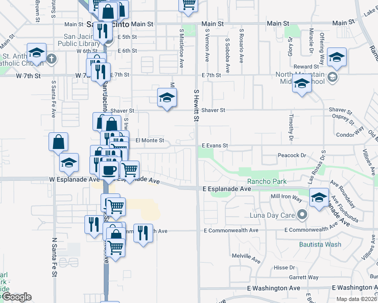 map of restaurants, bars, coffee shops, grocery stores, and more near 1318 Senator Way in San Jacinto