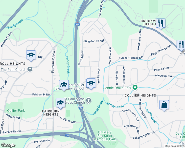 map of restaurants, bars, coffee shops, grocery stores, and more near 3230 Vanderbilt Lane Northwest in Atlanta