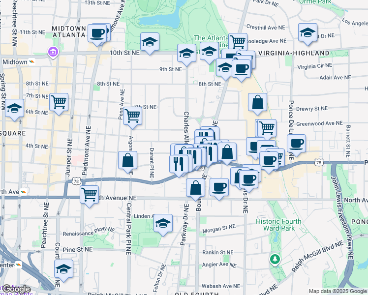 map of restaurants, bars, coffee shops, grocery stores, and more near 418 5th Street Northeast in Atlanta
