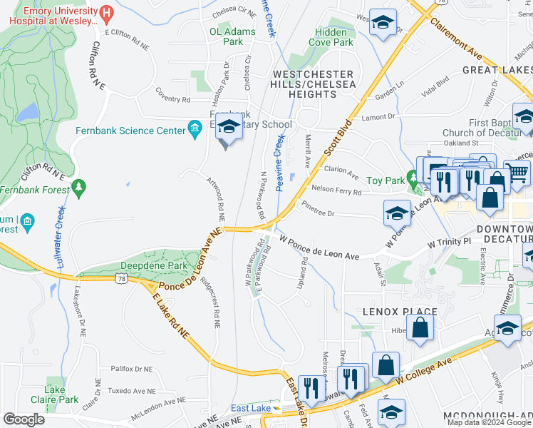 map of restaurants, bars, coffee shops, grocery stores, and more near 687 North Parkwood Road in Decatur