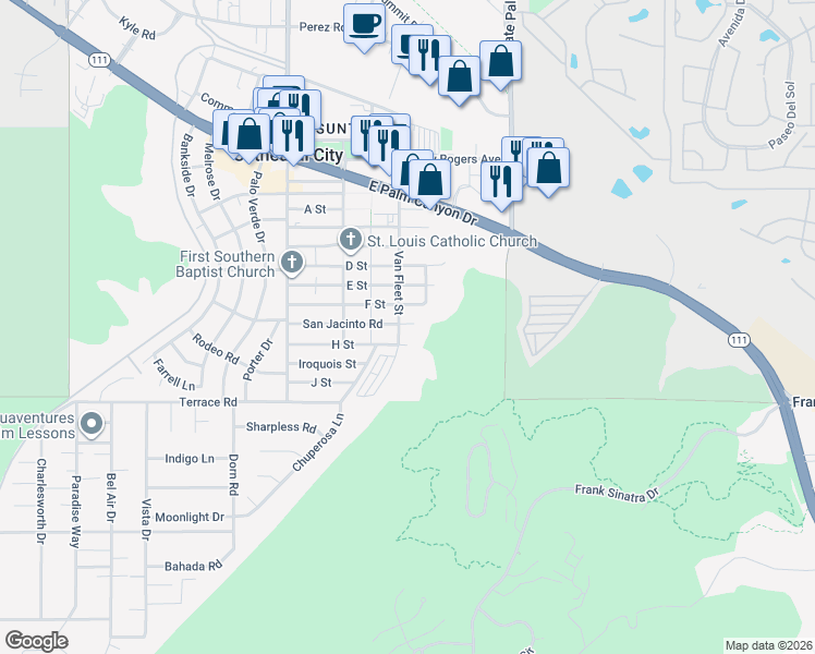 map of restaurants, bars, coffee shops, grocery stores, and more near 68789 F Street in Cathedral City