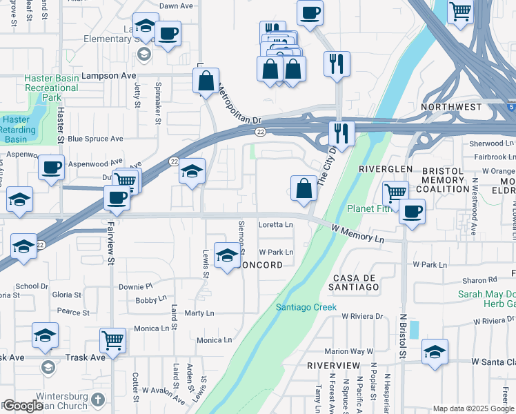 map of restaurants, bars, coffee shops, grocery stores, and more near 845 South Park Vine Street in Orange