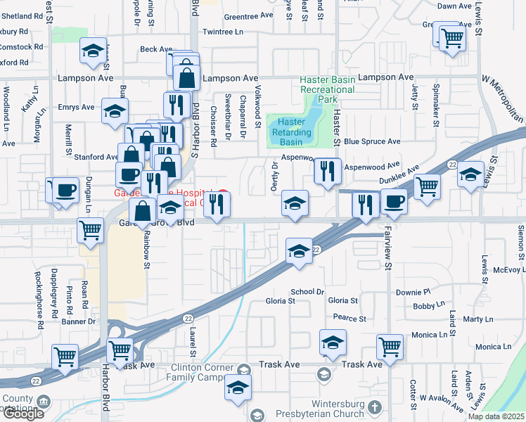 map of restaurants, bars, coffee shops, grocery stores, and more near 12891 Oertly Drive in Garden Grove