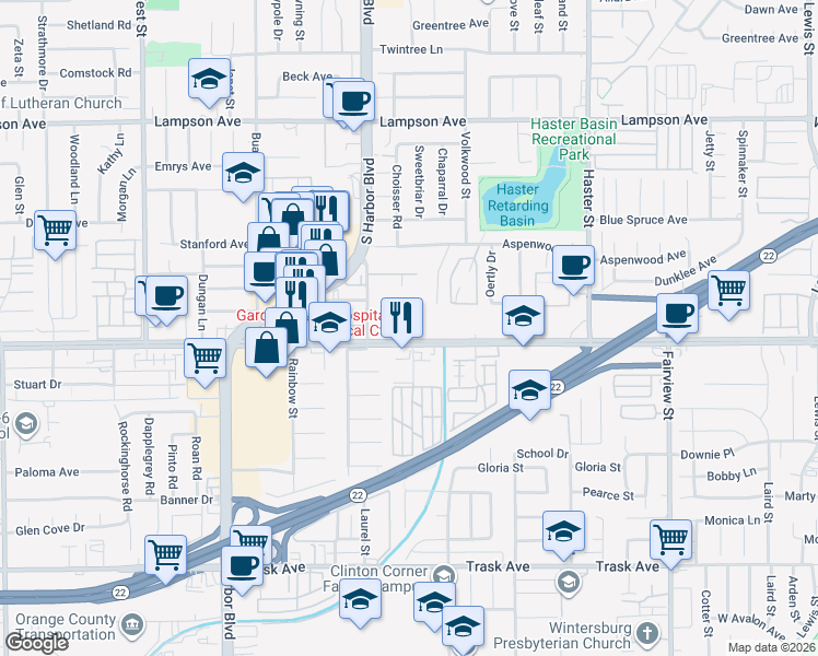 map of restaurants, bars, coffee shops, grocery stores, and more near 12892 Palm Street in Garden Grove