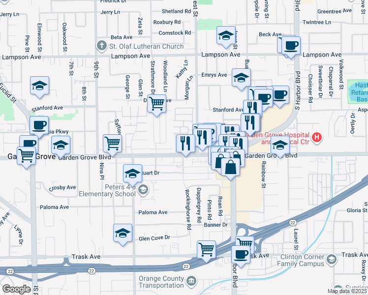 map of restaurants, bars, coffee shops, grocery stores, and more near 12922 West Street in Garden Grove