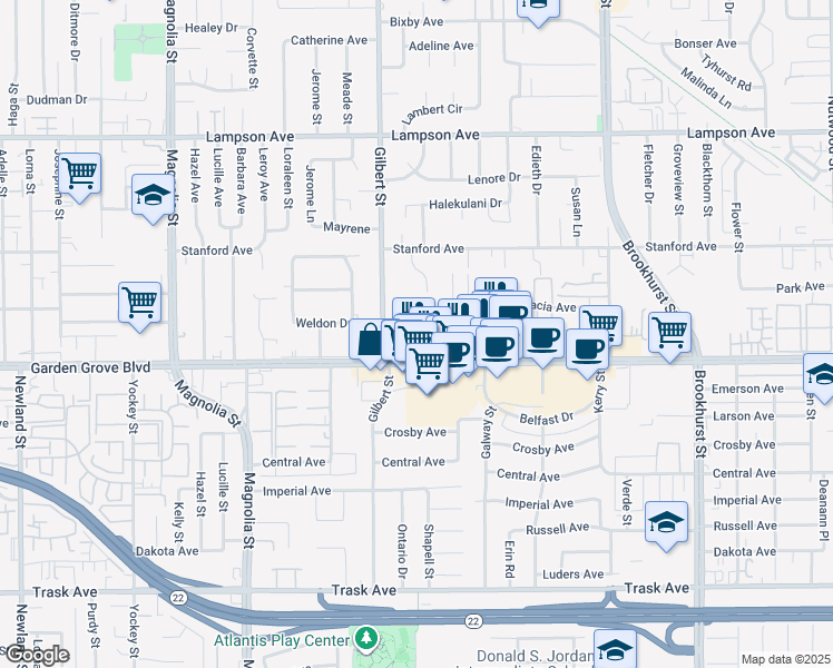 map of restaurants, bars, coffee shops, grocery stores, and more near 12891 Abbott Court in Garden Grove