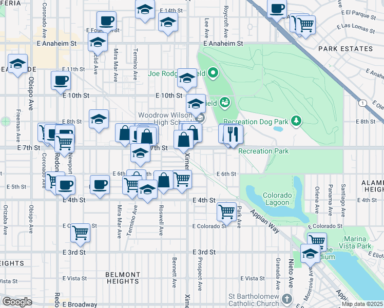 map of restaurants, bars, coffee shops, grocery stores, and more near in Long Beach
