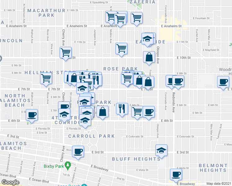 map of restaurants, bars, coffee shops, grocery stores, and more near 2603 East 7th Street in Long Beach