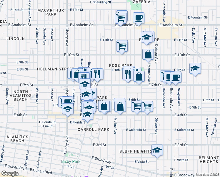 map of restaurants, bars, coffee shops, grocery stores, and more near 2603 East 7th Street in Long Beach