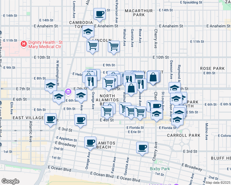 map of restaurants, bars, coffee shops, grocery stores, and more near 1509 East 7th Street in Long Beach