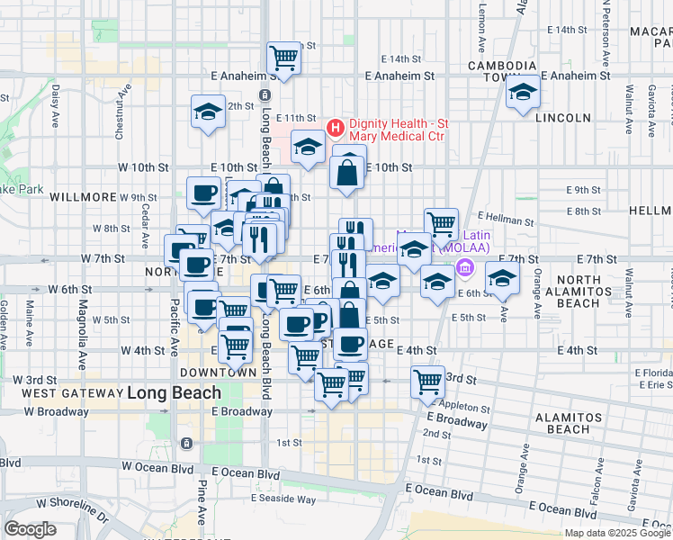 map of restaurants, bars, coffee shops, grocery stores, and more near 701 Linden Avenue in Long Beach