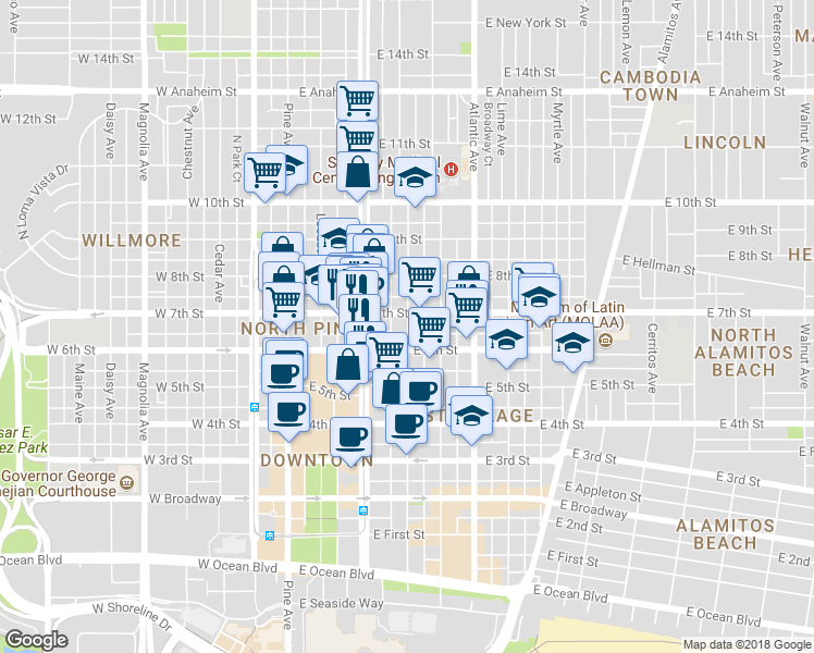map of restaurants, bars, coffee shops, grocery stores, and more near 357 East 7th Street in Long Beach