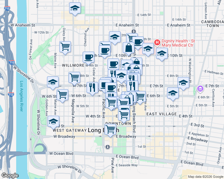 map of restaurants, bars, coffee shops, grocery stores, and more near 701 Pine Avenue in Long Beach