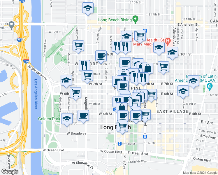 map of restaurants, bars, coffee shops, grocery stores, and more near 703 Pacific Avenue in Long Beach