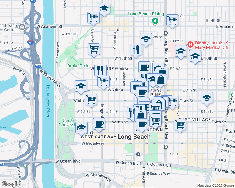 map of restaurants, bars, coffee shops, grocery stores, and more near 309 West 7th Street in Long Beach