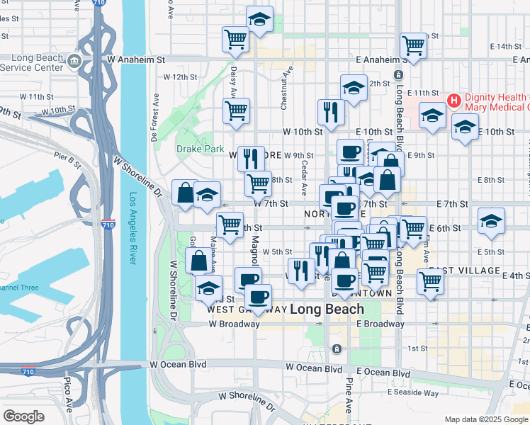 map of restaurants, bars, coffee shops, grocery stores, and more near 403 North Virginia Court in Long Beach