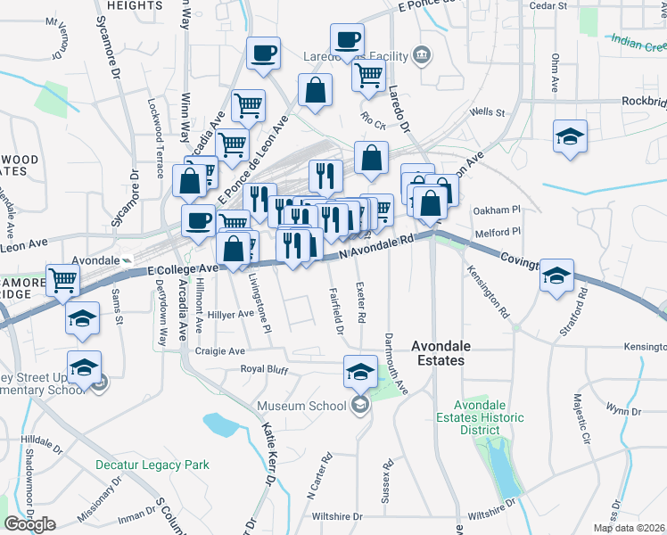 map of restaurants, bars, coffee shops, grocery stores, and more near 5 South Avondale Road in Avondale Estates