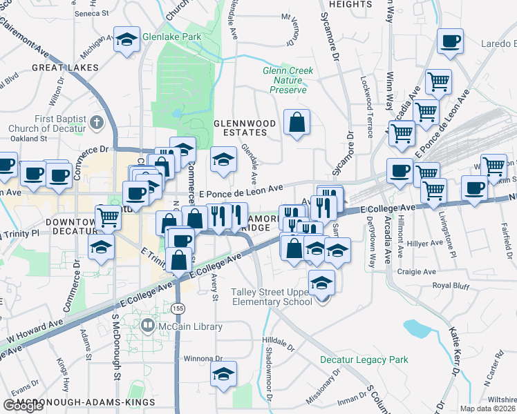 map of restaurants, bars, coffee shops, grocery stores, and more near 535 East Ponce de Leon Avenue in Decatur
