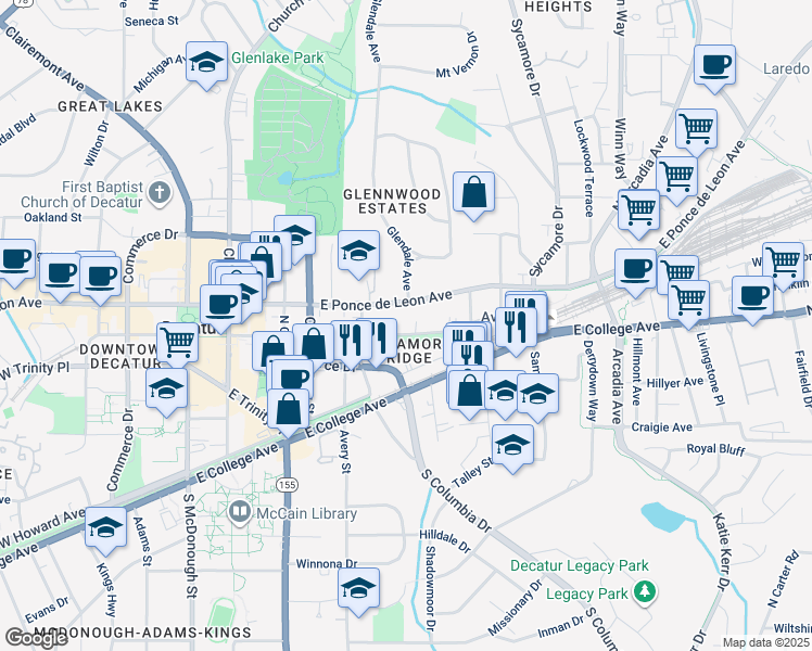map of restaurants, bars, coffee shops, grocery stores, and more near 535 East Ponce de Leon Avenue in Decatur