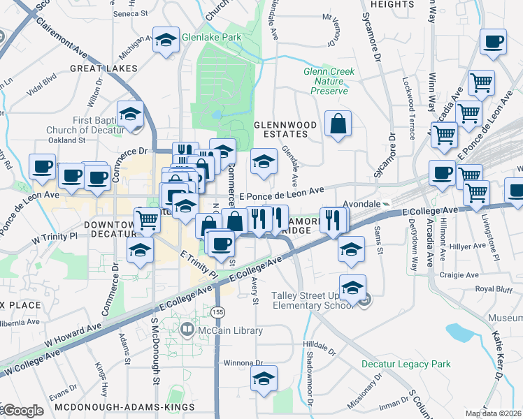 map of restaurants, bars, coffee shops, grocery stores, and more near 515 East Ponce de Leon Avenue in Decatur