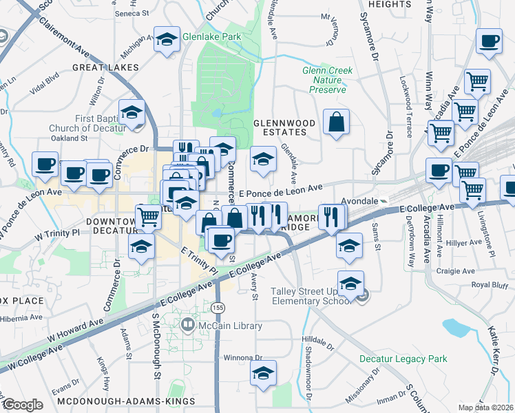 map of restaurants, bars, coffee shops, grocery stores, and more near 515 East Ponce de Leon Avenue in Decatur