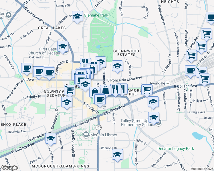 map of restaurants, bars, coffee shops, grocery stores, and more near 424 East Ponce de Leon Avenue in Decatur