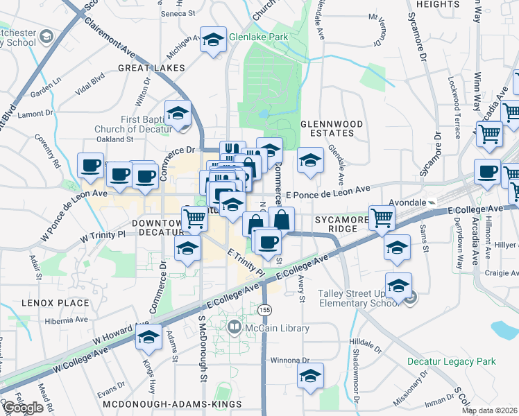 map of restaurants, bars, coffee shops, grocery stores, and more near 246 Sycamore Street in Decatur