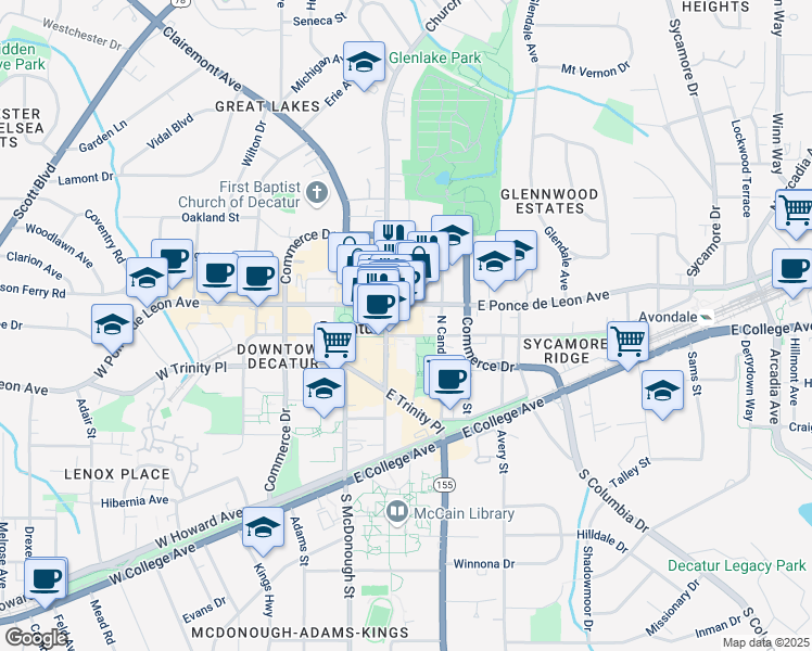 map of restaurants, bars, coffee shops, grocery stores, and more near 216 East Ponce de Leon Avenue in Decatur