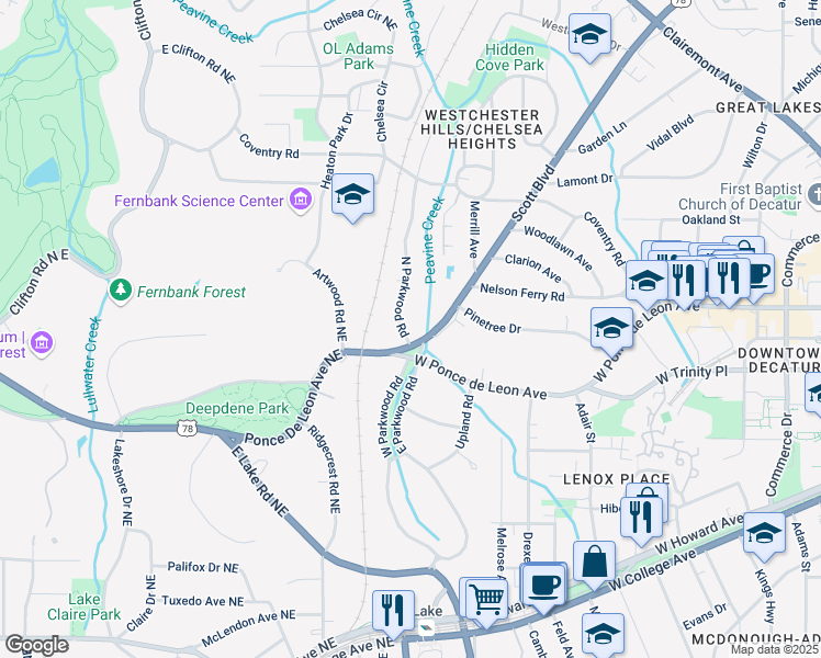 map of restaurants, bars, coffee shops, grocery stores, and more near 687 North Parkwood Road in Decatur