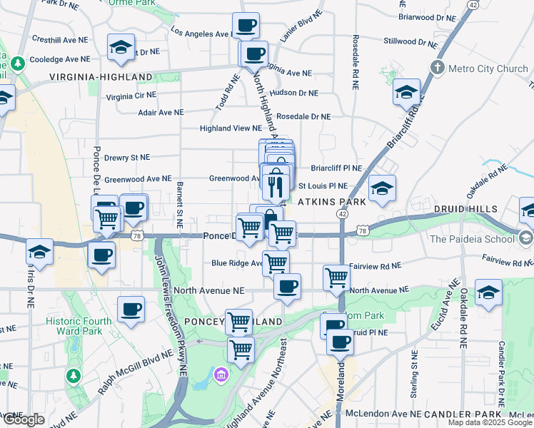 map of restaurants, bars, coffee shops, grocery stores, and more near 1022 Saint Charles Avenue Northeast in Atlanta