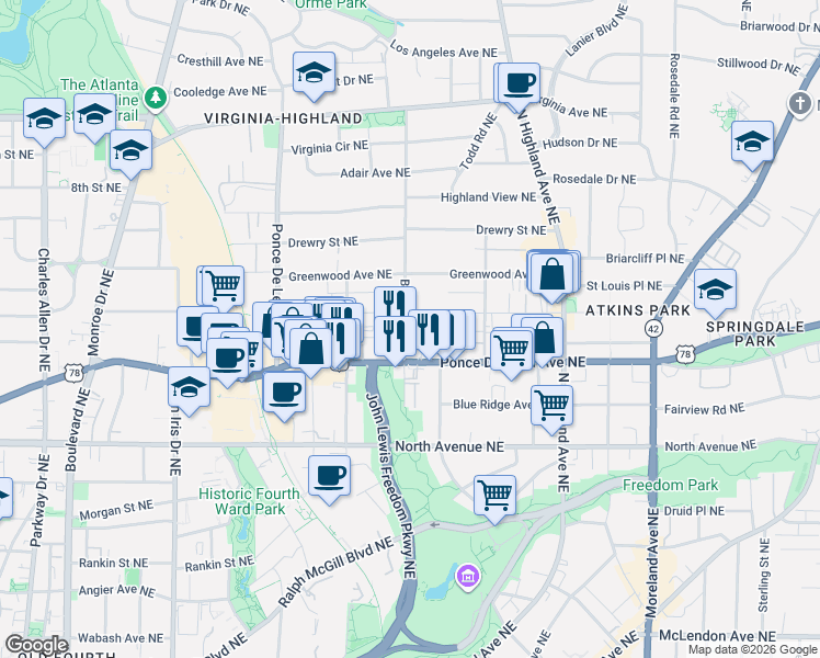 map of restaurants, bars, coffee shops, grocery stores, and more near 886 Saint Charles Avenue Northeast in Atlanta