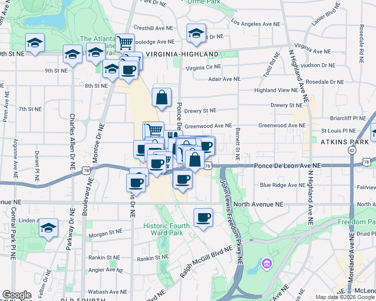 map of restaurants, bars, coffee shops, grocery stores, and more near 744 Saint Charles Avenue Northeast in Atlanta