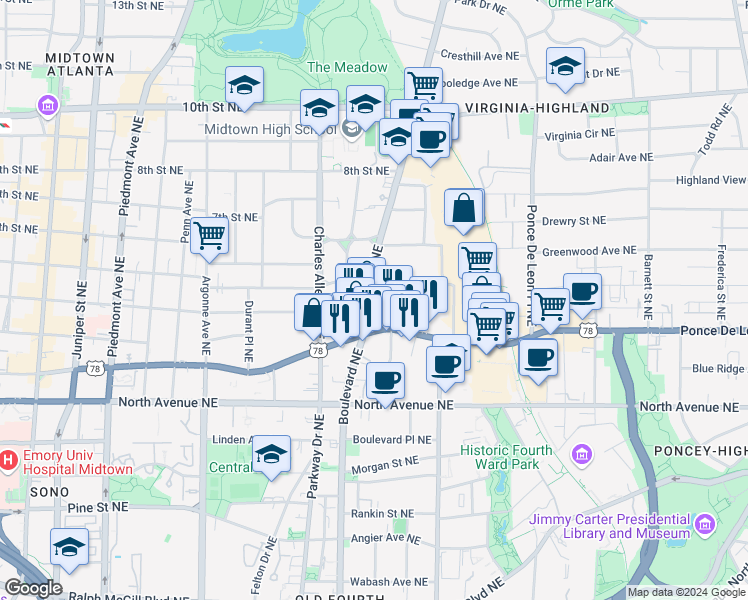 map of restaurants, bars, coffee shops, grocery stores, and more near 771 Monroe Drive Northeast in Atlanta