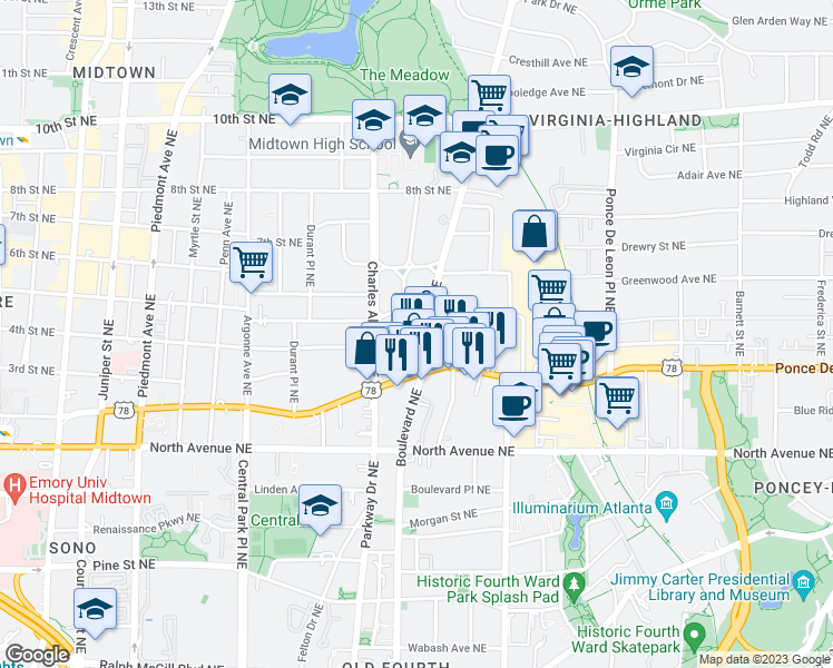 map of restaurants, bars, coffee shops, grocery stores, and more near 771 Monroe Drive Northeast in Atlanta