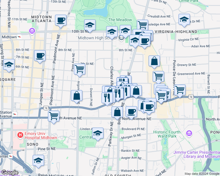 map of restaurants, bars, coffee shops, grocery stores, and more near 418 5th Street Northeast in Atlanta