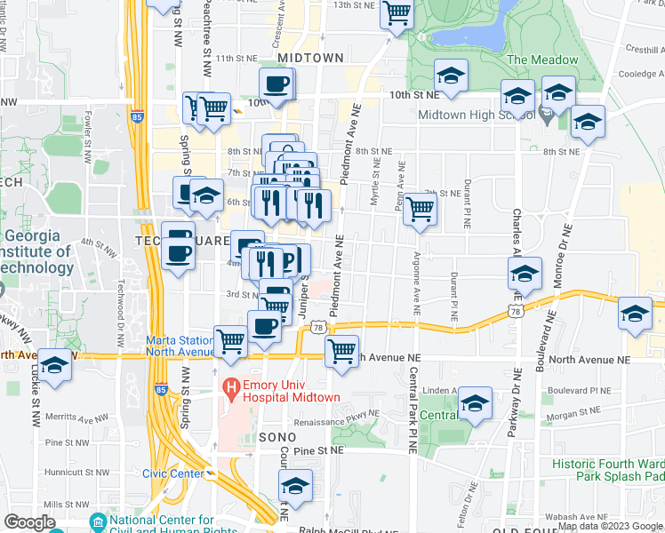 map of restaurants, bars, coffee shops, grocery stores, and more near 727 Juniper Street Northeast in Atlanta