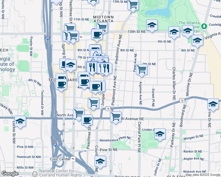 map of restaurants, bars, coffee shops, grocery stores, and more near 727 Juniper Street Northeast in Atlanta