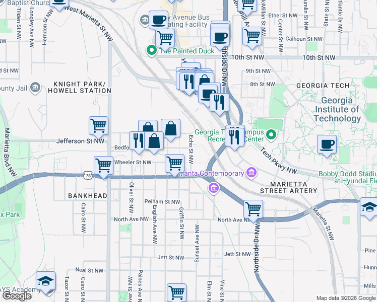 map of restaurants, bars, coffee shops, grocery stores, and more near 763 Griffin Street Northwest in Atlanta