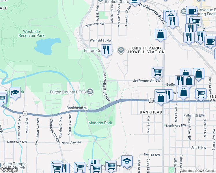 map of restaurants, bars, coffee shops, grocery stores, and more near in Atlanta