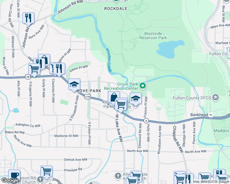 map of restaurants, bars, coffee shops, grocery stores, and more near 751 Matilda Place Northwest in Atlanta