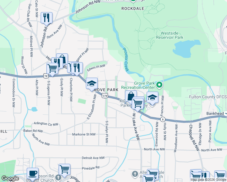 map of restaurants, bars, coffee shops, grocery stores, and more near in Atlanta