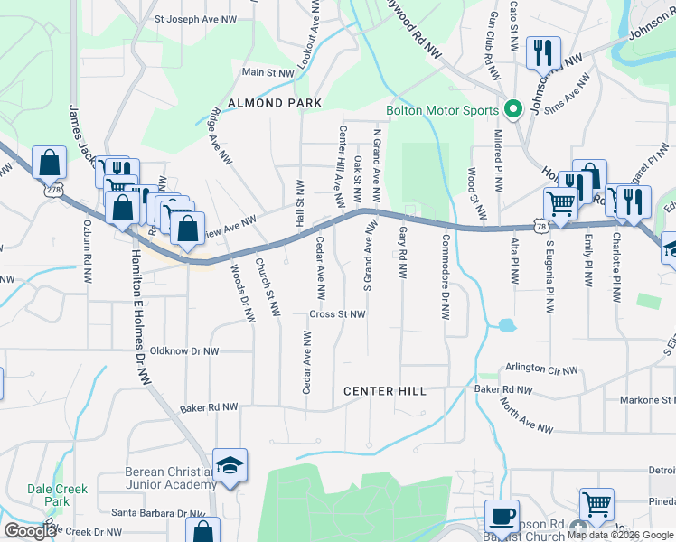 map of restaurants, bars, coffee shops, grocery stores, and more near 735 Center Hill Avenue Northwest in Atlanta