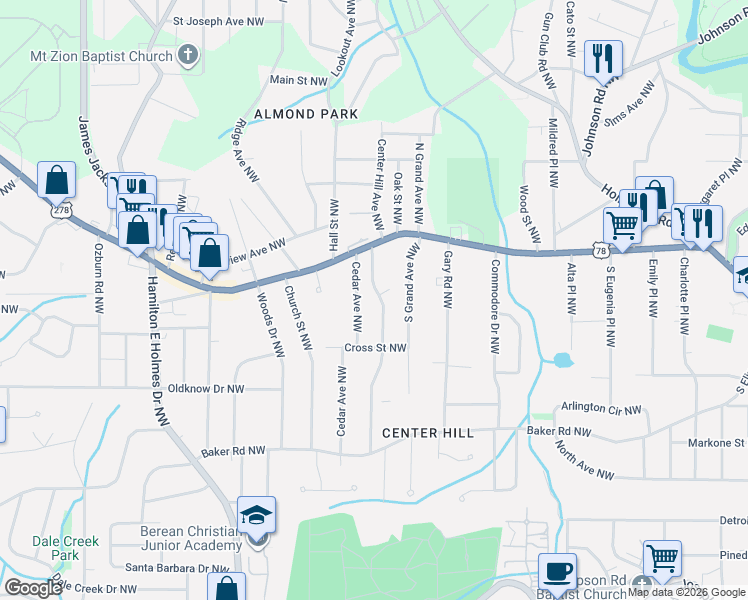 map of restaurants, bars, coffee shops, grocery stores, and more near 735 Center Hill Avenue Northwest in Atlanta