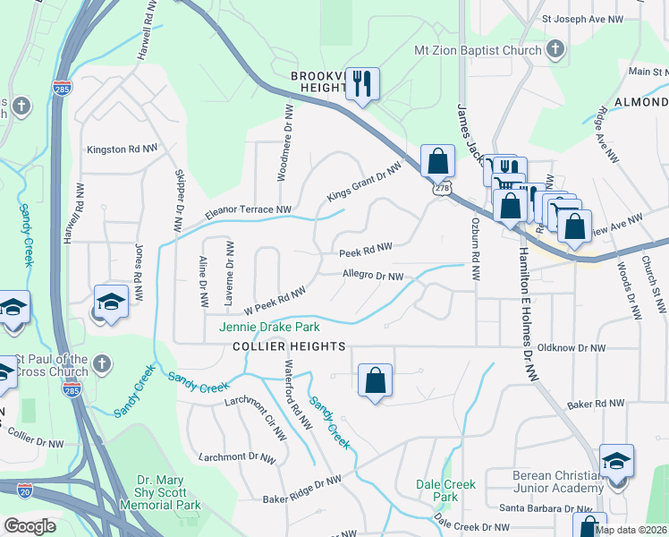 map of restaurants, bars, coffee shops, grocery stores, and more near 2940 Peek Road Northwest in Atlanta