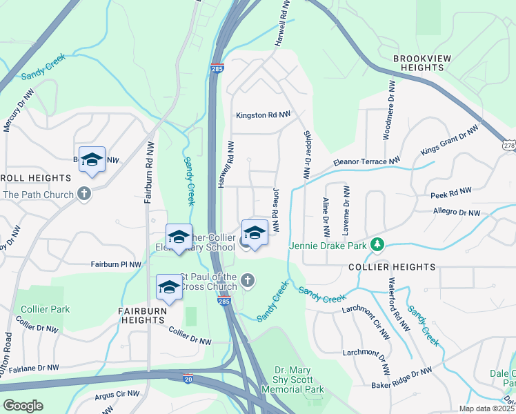 map of restaurants, bars, coffee shops, grocery stores, and more near 3230 Vanderbilt Lane Northwest in Atlanta