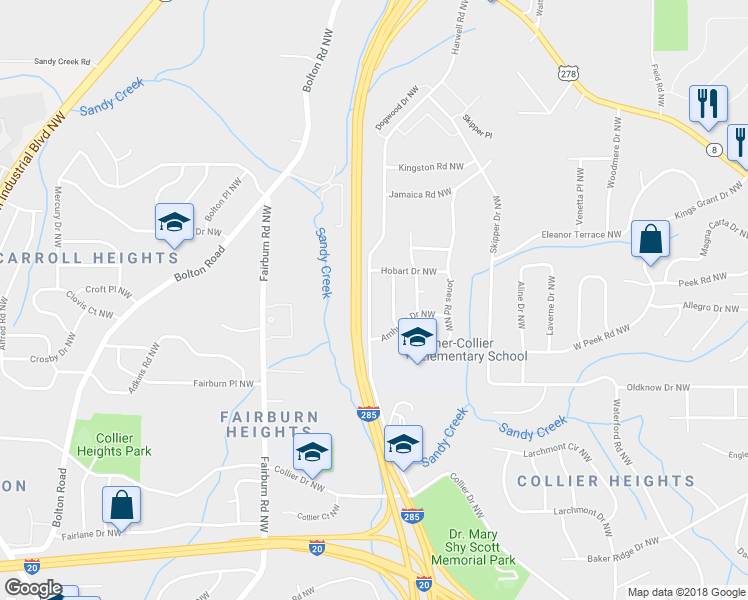 map of restaurants, bars, coffee shops, grocery stores, and more near 2009 Jones Road Northwest in Atlanta