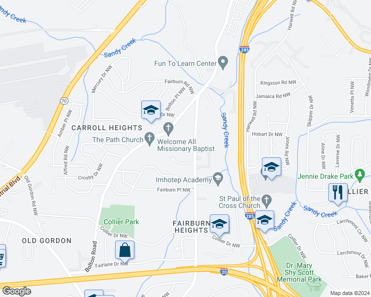 map of restaurants, bars, coffee shops, grocery stores, and more near 742 Fairburn Road Northwest in Atlanta