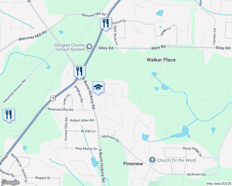 map of restaurants, bars, coffee shops, grocery stores, and more near 1134 Wagon Trce in Douglasville