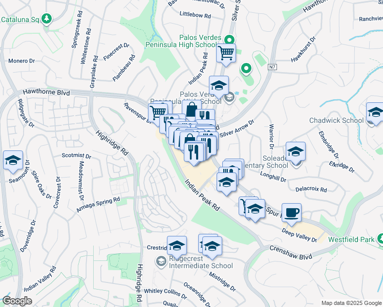 map of restaurants, bars, coffee shops, grocery stores, and more near 27400 Hawthorne Boulevard in Rolling Hills Estates